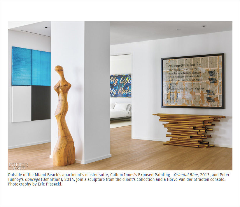 Miami Beach penthouse room with artwork by Callum Innes and Peter Tunney and console by Hervé Van der Straeten
