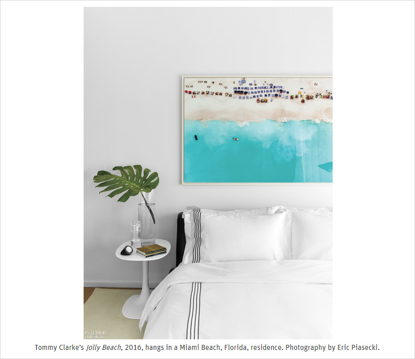 Miami Beach penthouse guest bedroom detail with beach artwork by Tommy Clarke above headboard