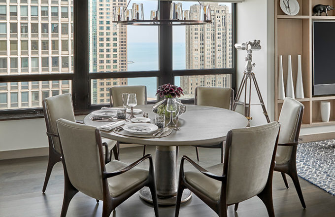 Chicago luxury residence dining area with view of Lake Michigan