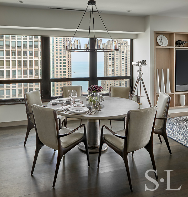 Chicago luxury residence dining area with view of Lake Michigan