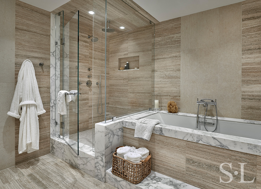 Bathroom interior design in neutrals, view of soaking tub and shower