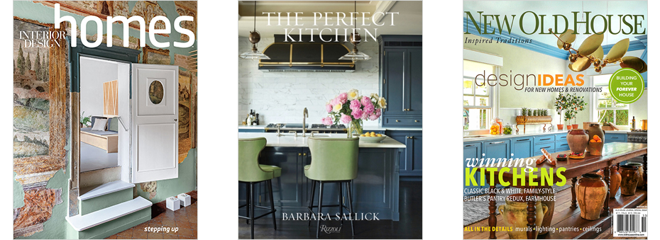 Magazine covers of Interior Design and New Old House magazines, and 'The Perfect Kitchen' a book by Barbara Sallick, all featuring this Scarsdale Residence