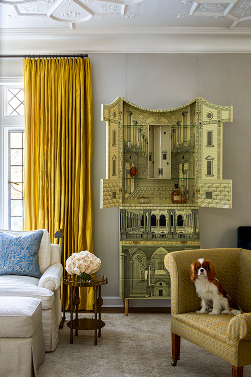 Scarsdale NY residence living room detail featuring Piero Fornasetti cabinet and a cute dog on chair