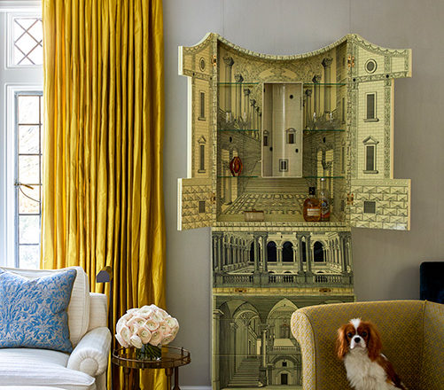 Scarsdale NY residence living room detail featuring Piero Fornasetti cabinet and a cute dog on chair