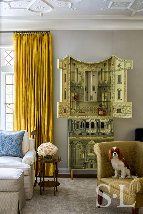 Scarsdale NY residence living room detail featuring Piero Fornasetti cabinet and a cute dog on chair