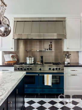 Scarsdale, NY kitchen renovation with a Bluestar platinum range with stainless steel backguard and hood