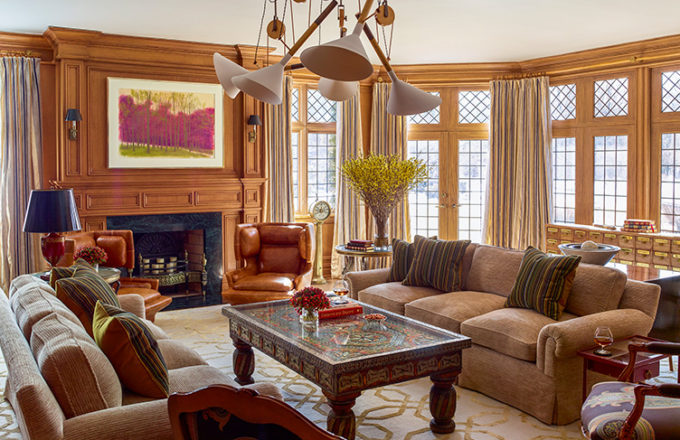 Scarsdale, NY residence family room renovation with original leaded windows and fireplace