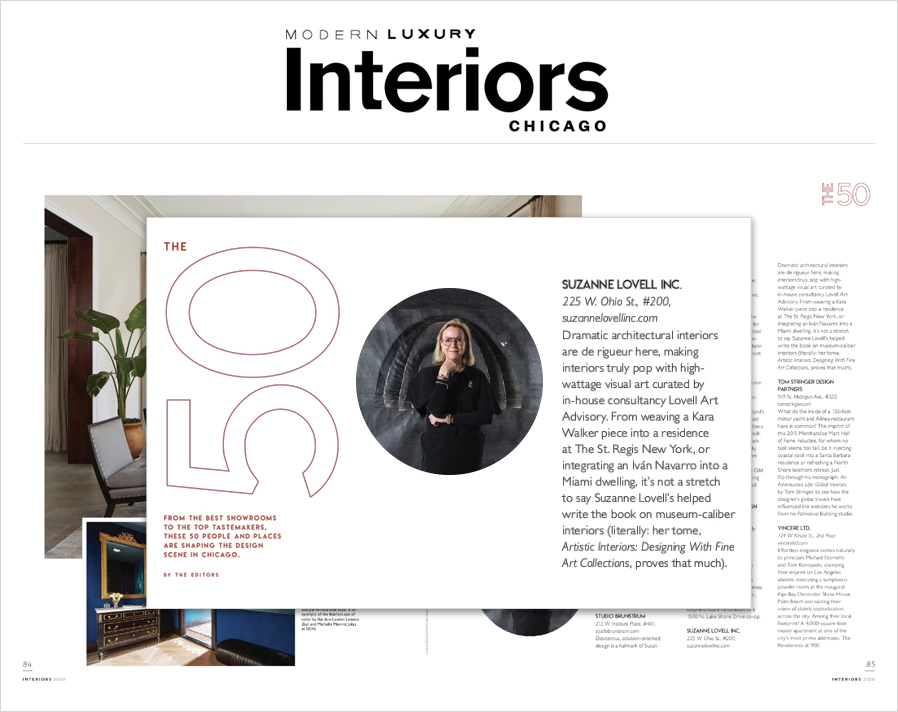 Magazine spread showing portrait of Suzanne Lovell in front of artwork by Theaster Gates at Richard Gray Warehouse in Chicago