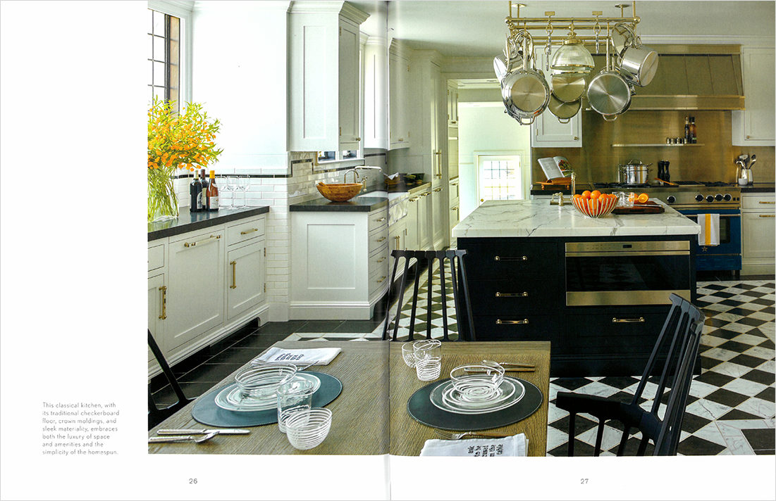Book spread featuring a kitchen designed by Suzanne Lovell in a Scarsdale NY residence in graphic black and white