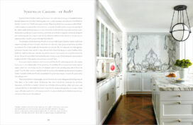 Book spread featuring a kitchen designed by Suzanne Lovell in a Chicago residence with an overall white kitchen