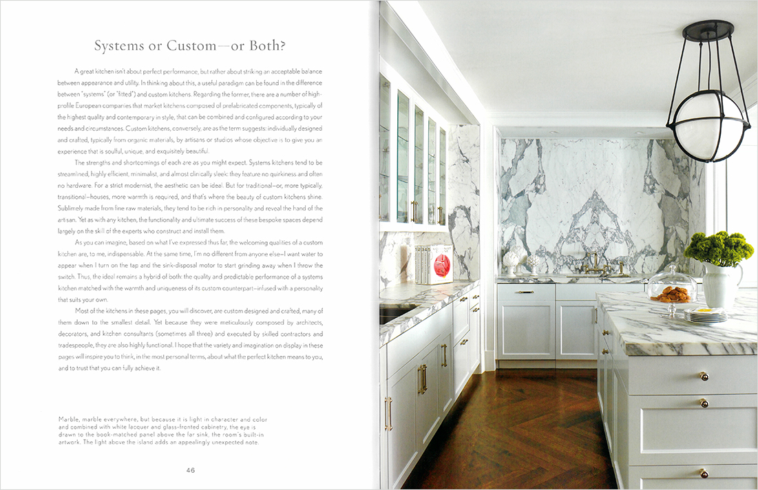 Book spread featuring a kitchen designed by Suzanne Lovell in a Chicago residence with an overall white kitchen