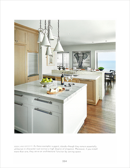 Book page featuring a kitchen designed by Suzanne Lovell in a Chicago residence in neutral tones with a casual feel