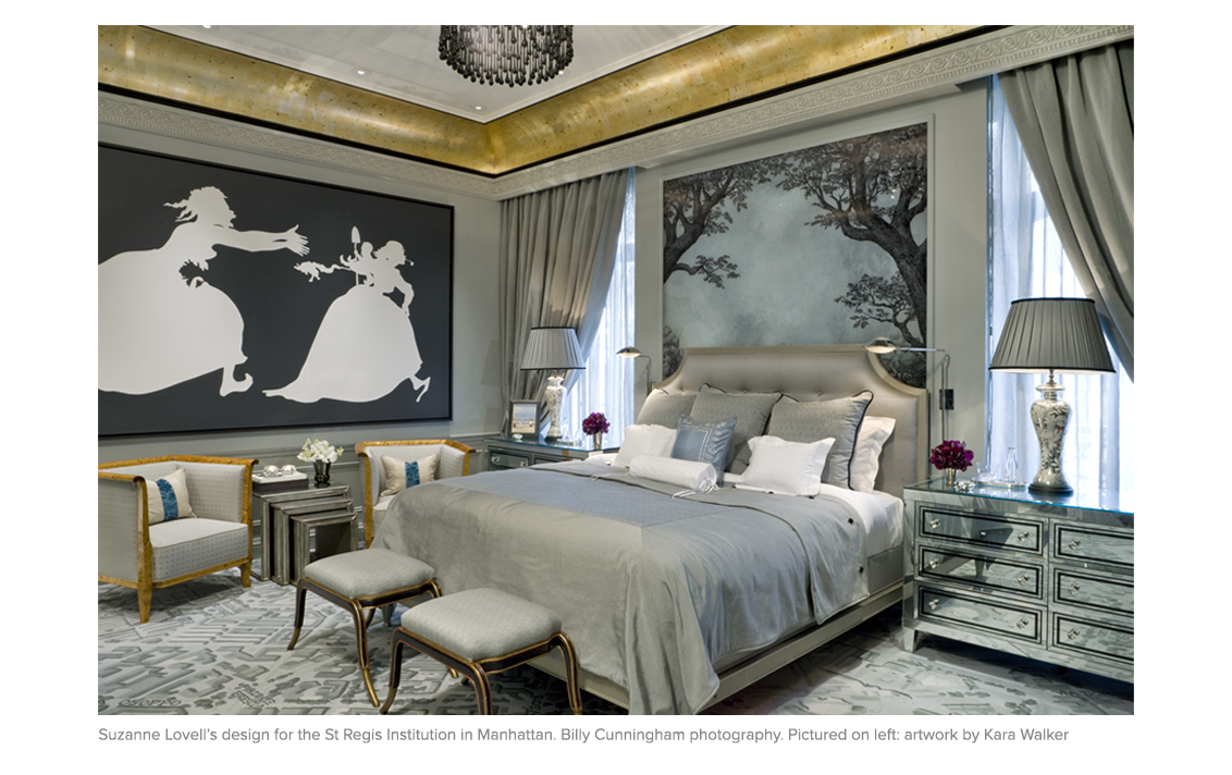 bedroom designed by Suzanne Lovell in St. Regis NY owners suite with artwork by Kara Walker