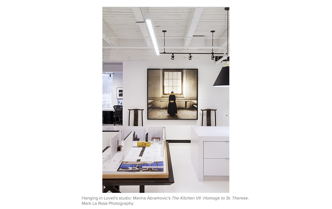 Suzanne Lovell Inc. Chicago studio showing architectural model and artwork by Marina Abramovic