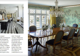 Hive magazine layout featuring Scarsdale, NY kitchen renovation and dining room with floral wallpaper