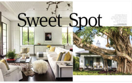 Ocean Home Magazine 2 page spread of Palm Beach golf cottage designed by Suzanne Lovell showing great room and exterior