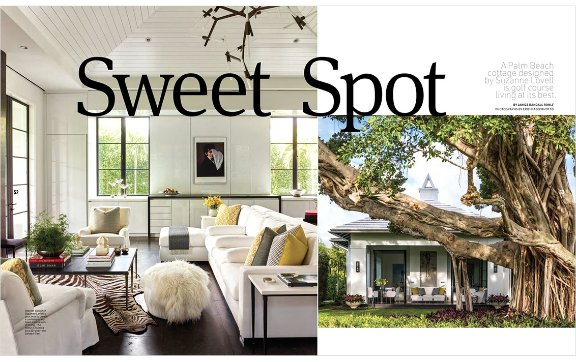 Ocean Home Magazine 2 page spread of Palm Beach golf cottage designed by Suzanne Lovell showing great room and exterior