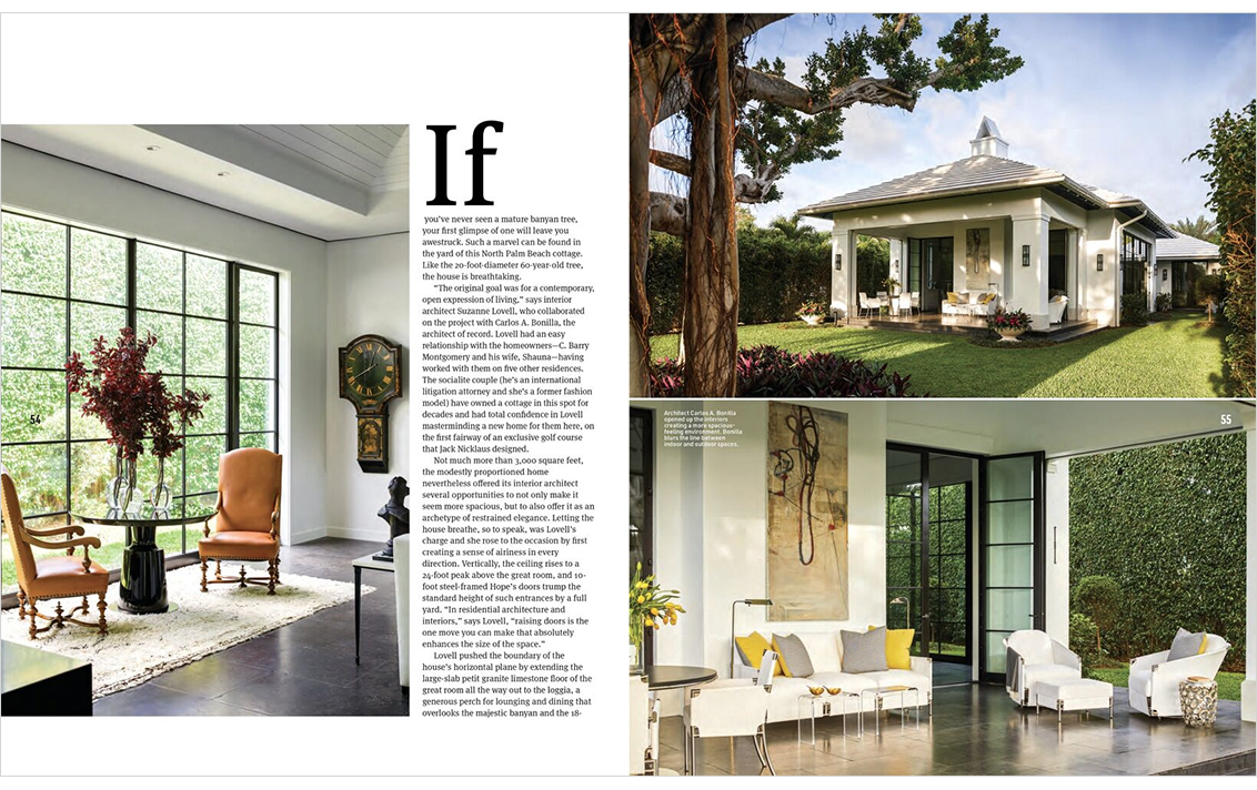 Ocean Home Magazine 2 page spread of Palm Beach golf cottage designed by Suzanne Lovell showing great room and exterior