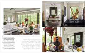 Ocean Home Magazine 2 page spread of Palm Beach golf cottage designed by Suzanne Lovell showing great room, fireplace, foyer and design details