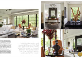 Ocean Home Magazine 2 page spread of Palm Beach golf cottage designed by Suzanne Lovell showing great room, fireplace, foyer and design details