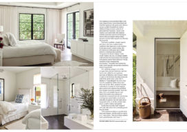 Ocean Home Magazine 2 page spread of Palm Beach golf cottage designed by Suzanne Lovell showing bedrooms and master bath