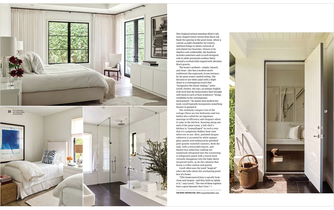 Ocean Home Magazine 2 page spread of Palm Beach golf cottage designed by Suzanne Lovell showing bedrooms and master bath
