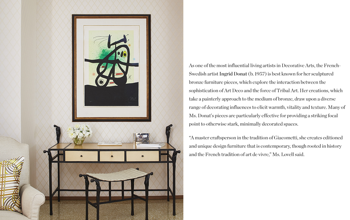 Magazine spread showing sitting room in Naples, FL residence featuring artwork by Joan Miró and desk by Ingrid Donat