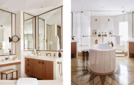 Master bath suite including standing showers, vanities and soaking tub in onyx avorio stone slabs