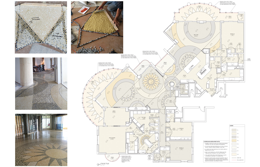 Custom-designed Venetian Terrazo flooring paving plan and installation views
