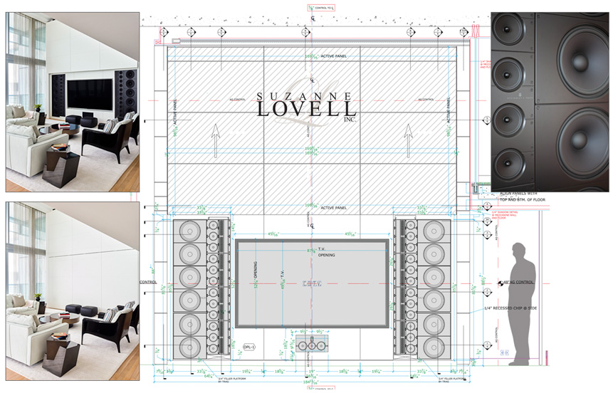 Drawing and detail photos of AV and sound system featuring Steinway speakers