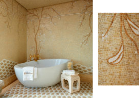 Shower room with a honey onyx mosaic and large soaking tub