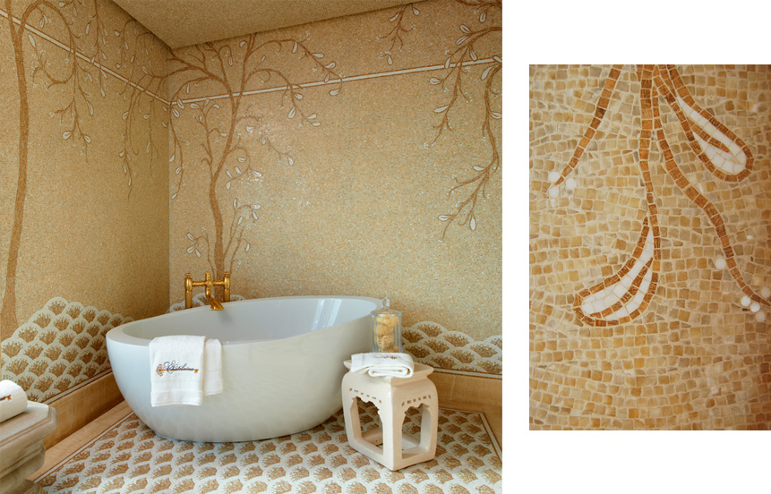 Shower room with a honey onyx mosaic and large soaking tub
