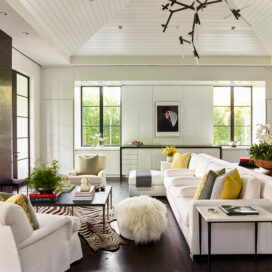 Contemporary residential interior featuring a light and bright golf cottage great room