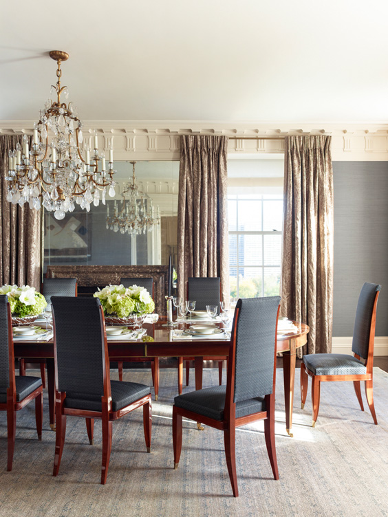 Dining room detail showcasing the antique rock crystal chandelier