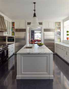 Custom chef’s kitchen view towards family room