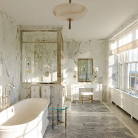 Master bath luxury interior renovation featuring Italian marble