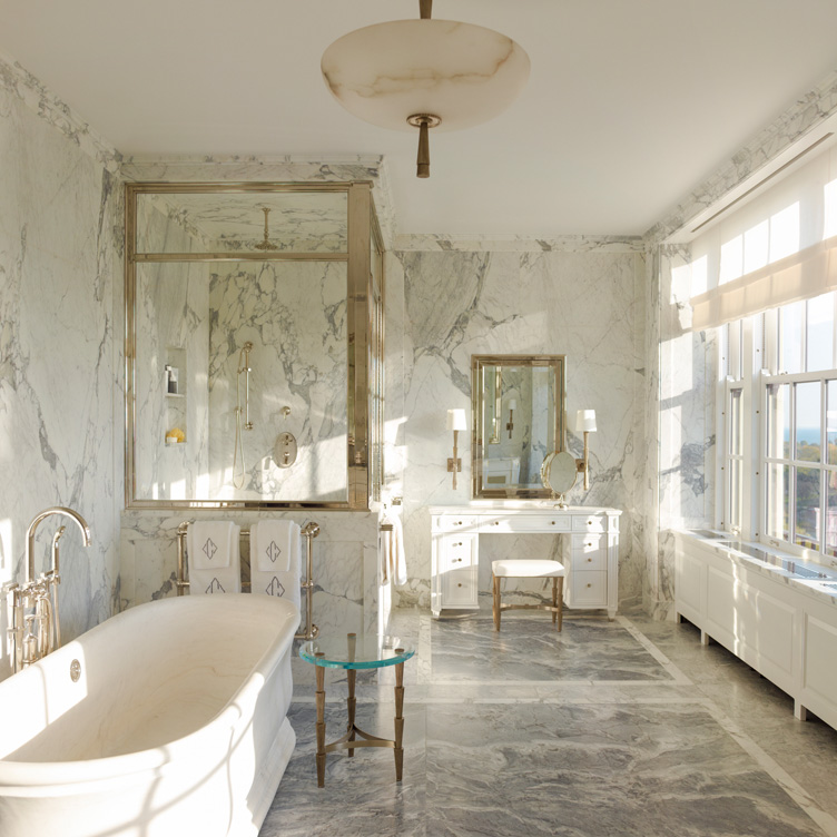 Master bath luxury interior renovation featuring Italian marble