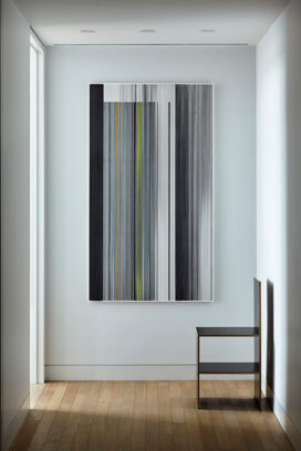 Hallway detail with artwork by Anne Lindberg and plywood chair by Donald Judd