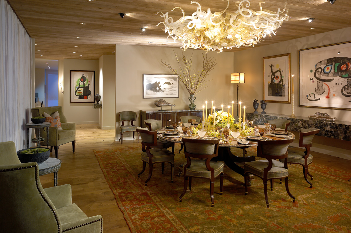 Dining room featuring custom chandelier by Dale Chihuly