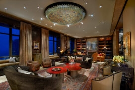 Great room interior designed with monumental chandelier by Flavio Poli
