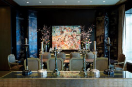 Chicago skyline penthouse dining room detail with artwork by Cecily Brown