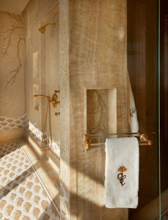 Chicago skyline penthouse wet room detail with honey onyx mosaic