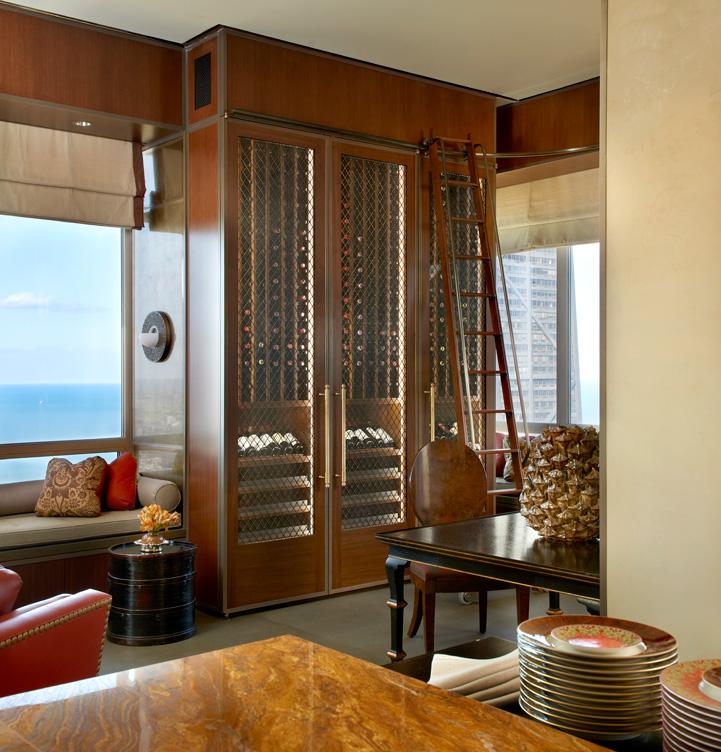 Chicago skyline penthouse kitchen view towards wine storage