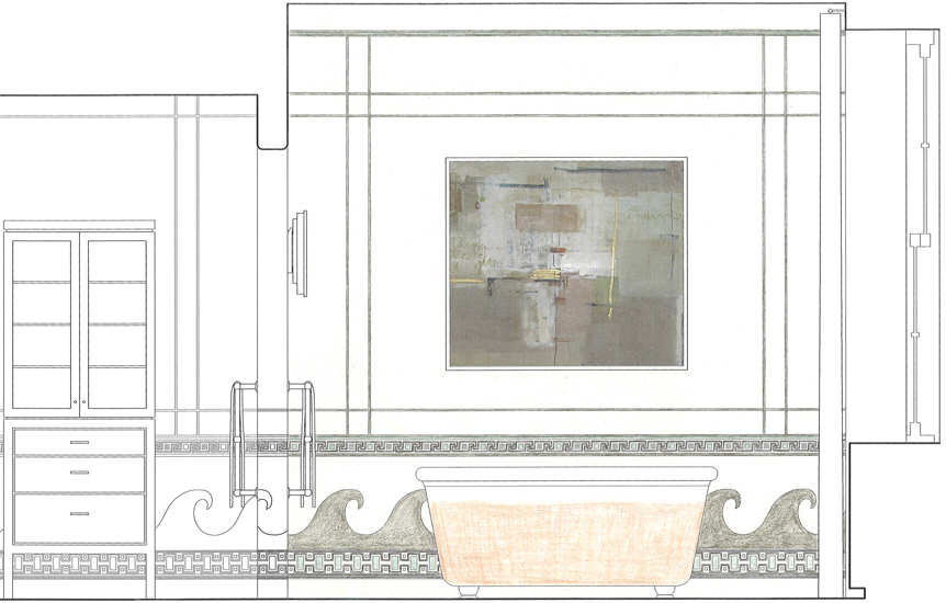 Bathroom elevation drawing showing decorative paint and stencil baseboard with seaweed motif