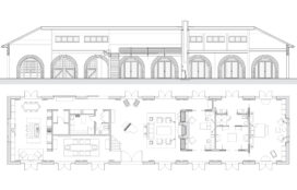 Exterior elevation and interior furniture plan architectural drawings of Former artillery shed converted into luxury residence by Suzanne Lovell Inc.