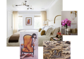 Bedroom details including bedside tables reverse-painted on gold gilt glass