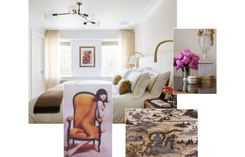 Bedroom details including bedside tables reverse-painted on gold gilt glass