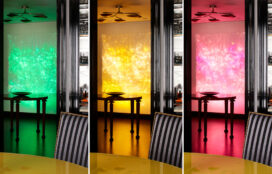 Foyer details showing luminous wall sculpture by Astrid Krogh in 3 different colors