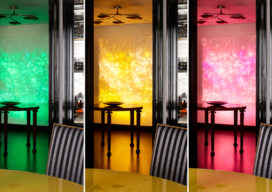 Foyer details showing luminous wall sculpture by Astrid Krogh in 3 different colors