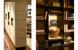 A 14-foot long custom bronze, vellum and goatskin display cabinet and bookshelves